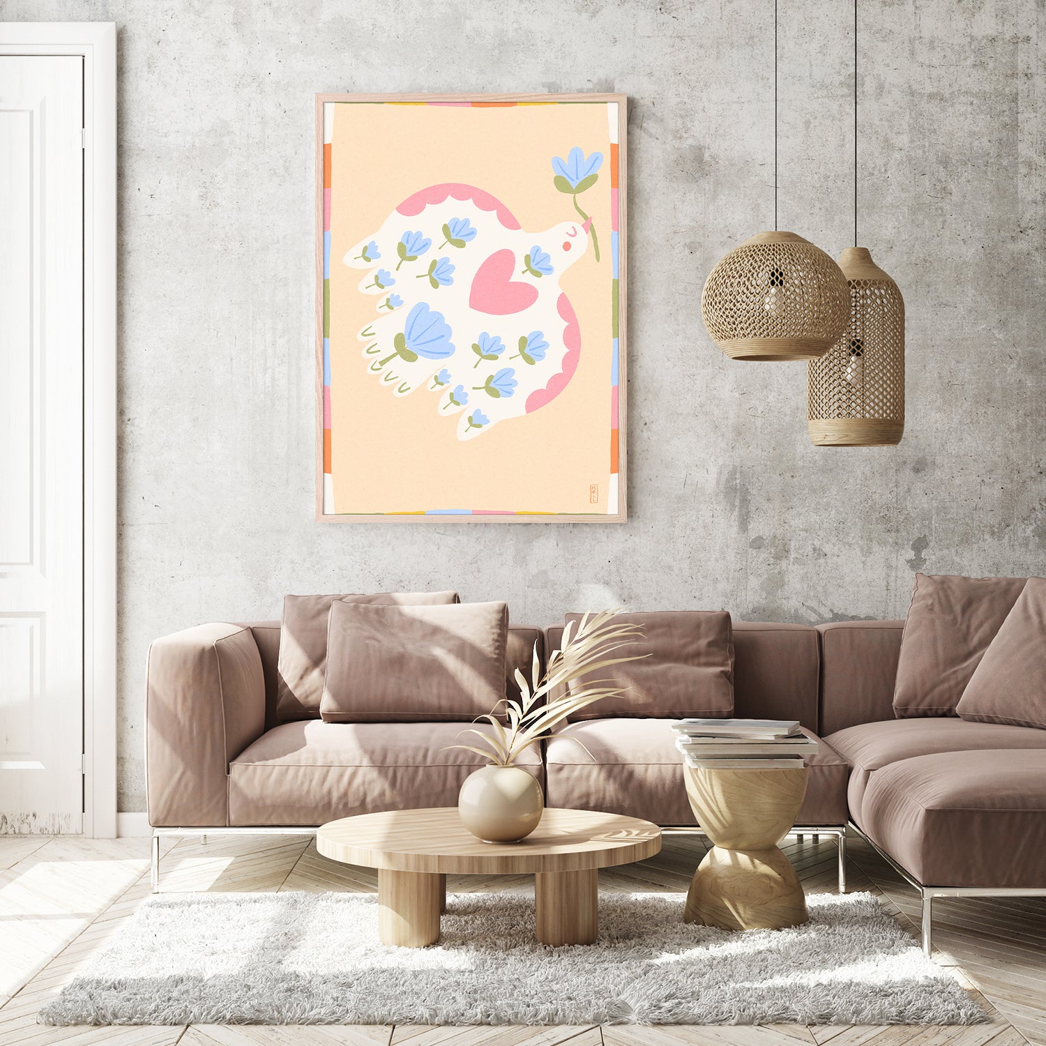 wall-art-print-canvas-poster-framed-Dove of Peace with Flowers Illustration-9