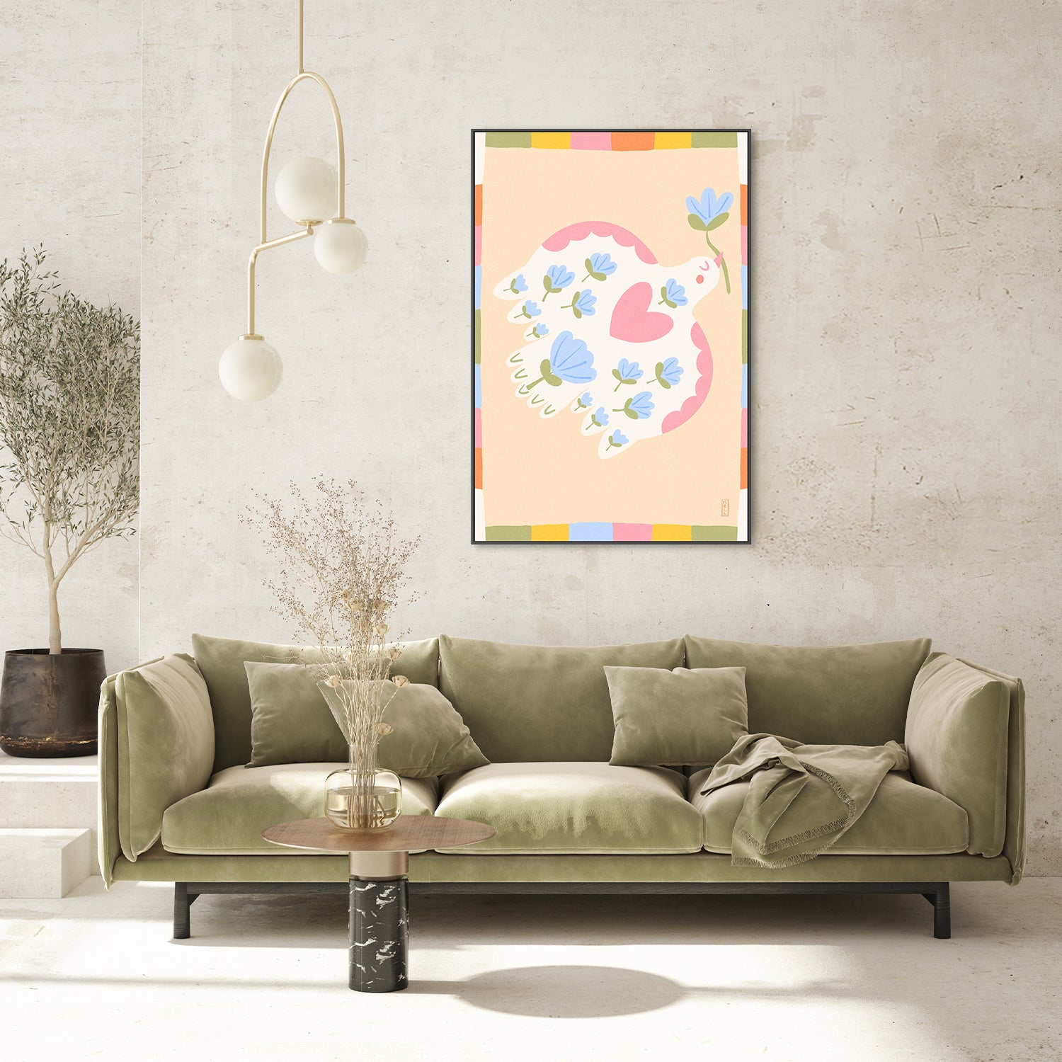 wall-art-print-canvas-poster-framed-Dove of Peace with Flowers Illustration-9