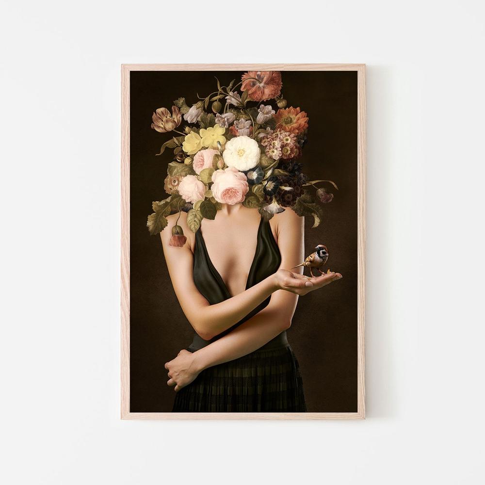 wall-art-print-canvas-poster-framed-Elegant Floral Woman Goldfinch-6