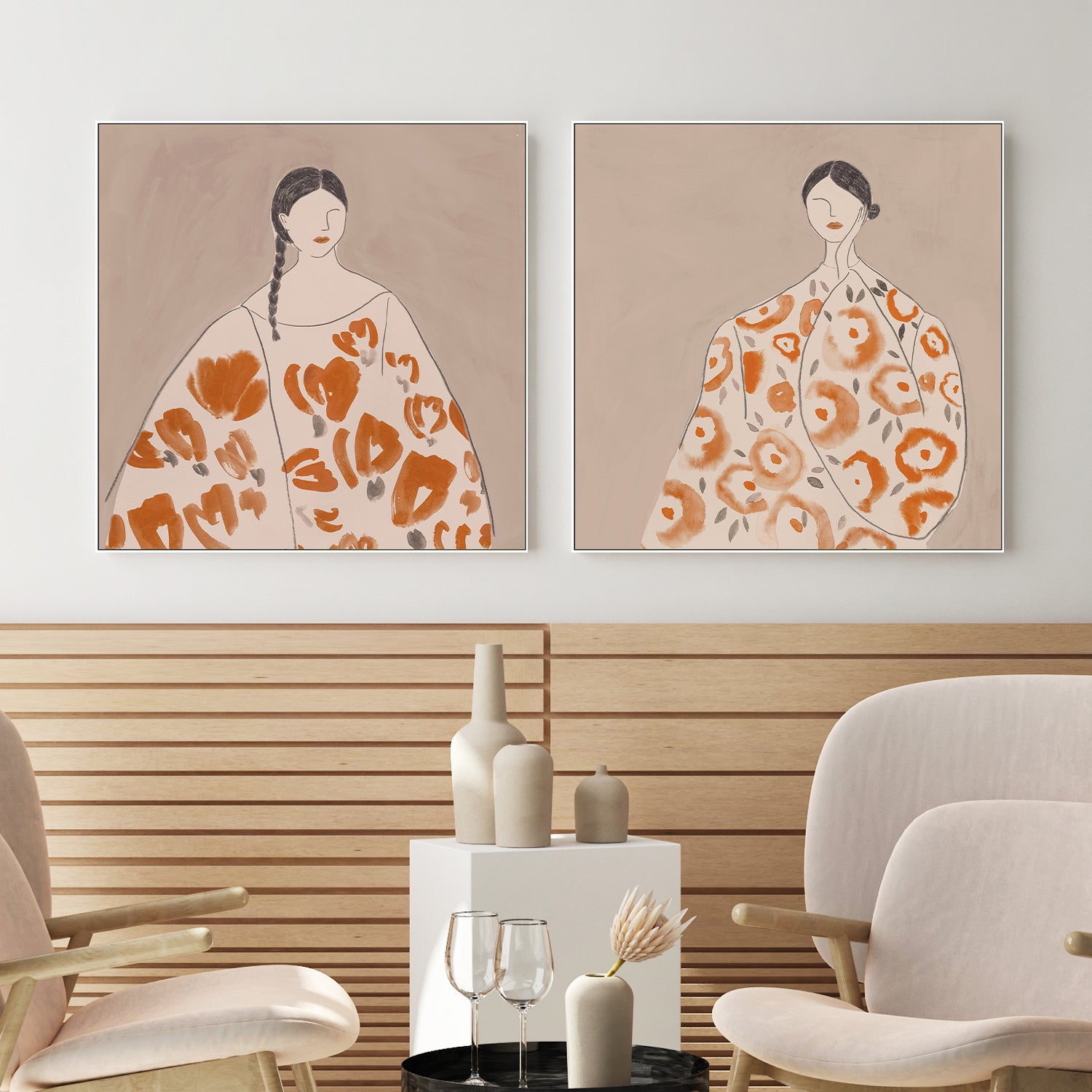 wall-art-print-canvas-poster-framed-Floral Woman, Mocha Tone, Style A & B, Set Of 2 , By Lily K-2