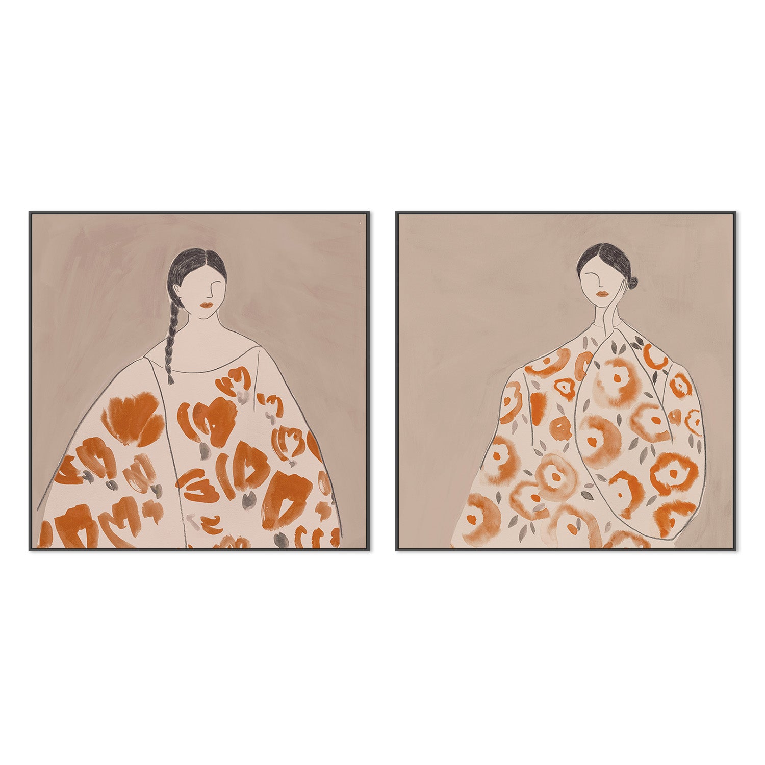 wall-art-print-canvas-poster-framed-Floral Woman, Mocha Tone, Style A & B, Set Of 2 , By Lily K-3