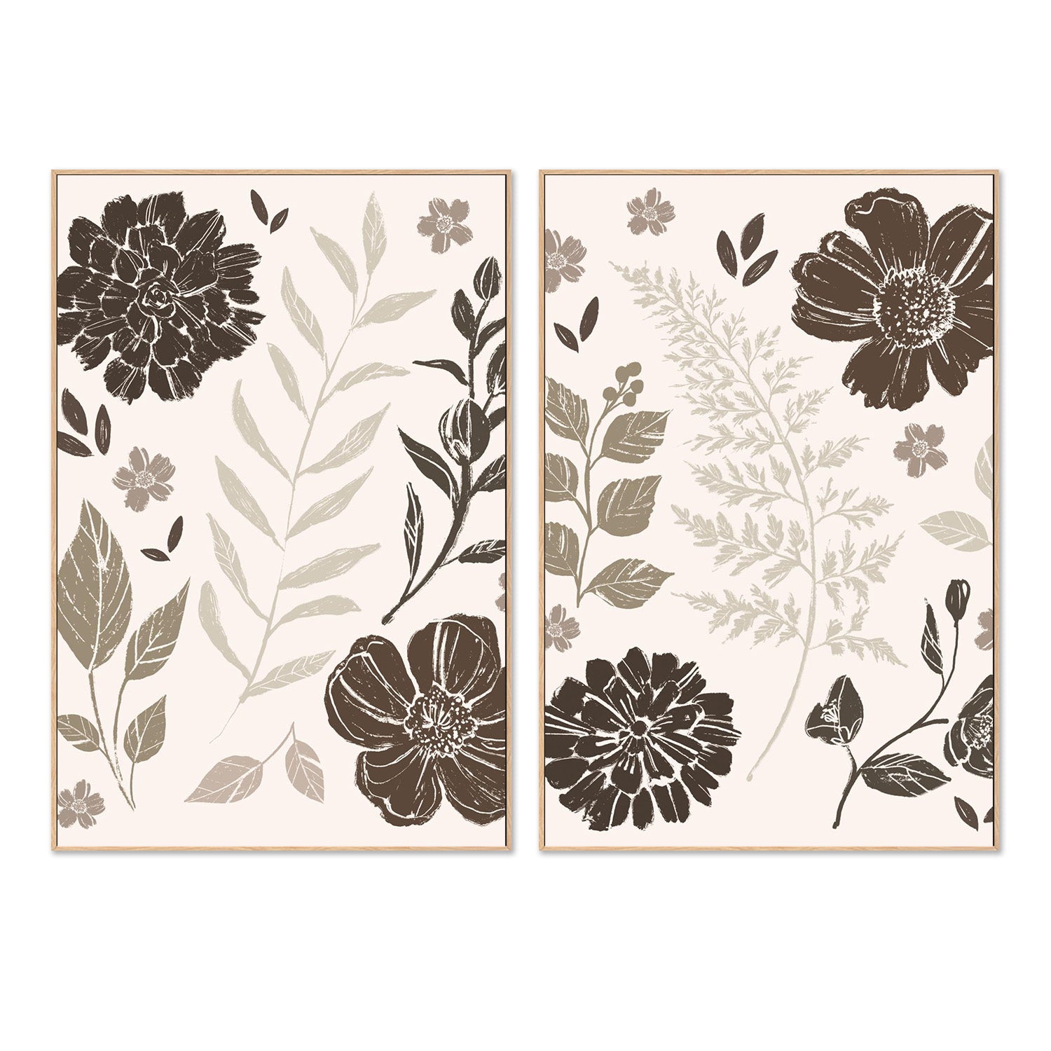 wall-art-print-canvas-poster-framed-Flower Feast, Brown v2, Style A & B, Set Of 2-4