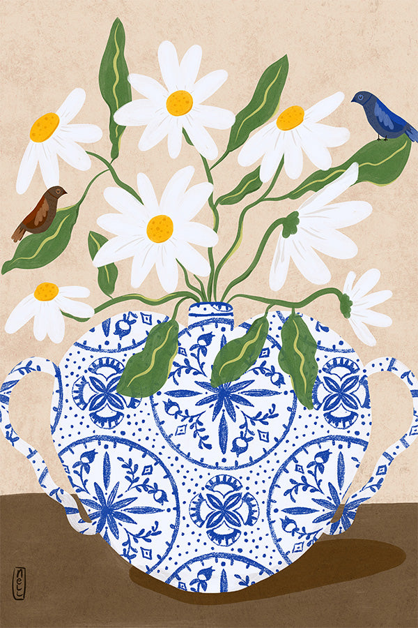 wall-art-print-canvas-poster-framed-Flowers And Birds in a Damask Vase-1