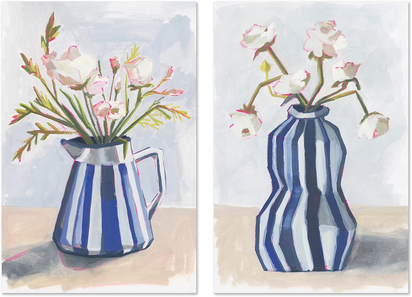 wall-art-print-canvas-poster-framed-Fresh Flowers In A Striped Vase, Style A & B, Set Of-1