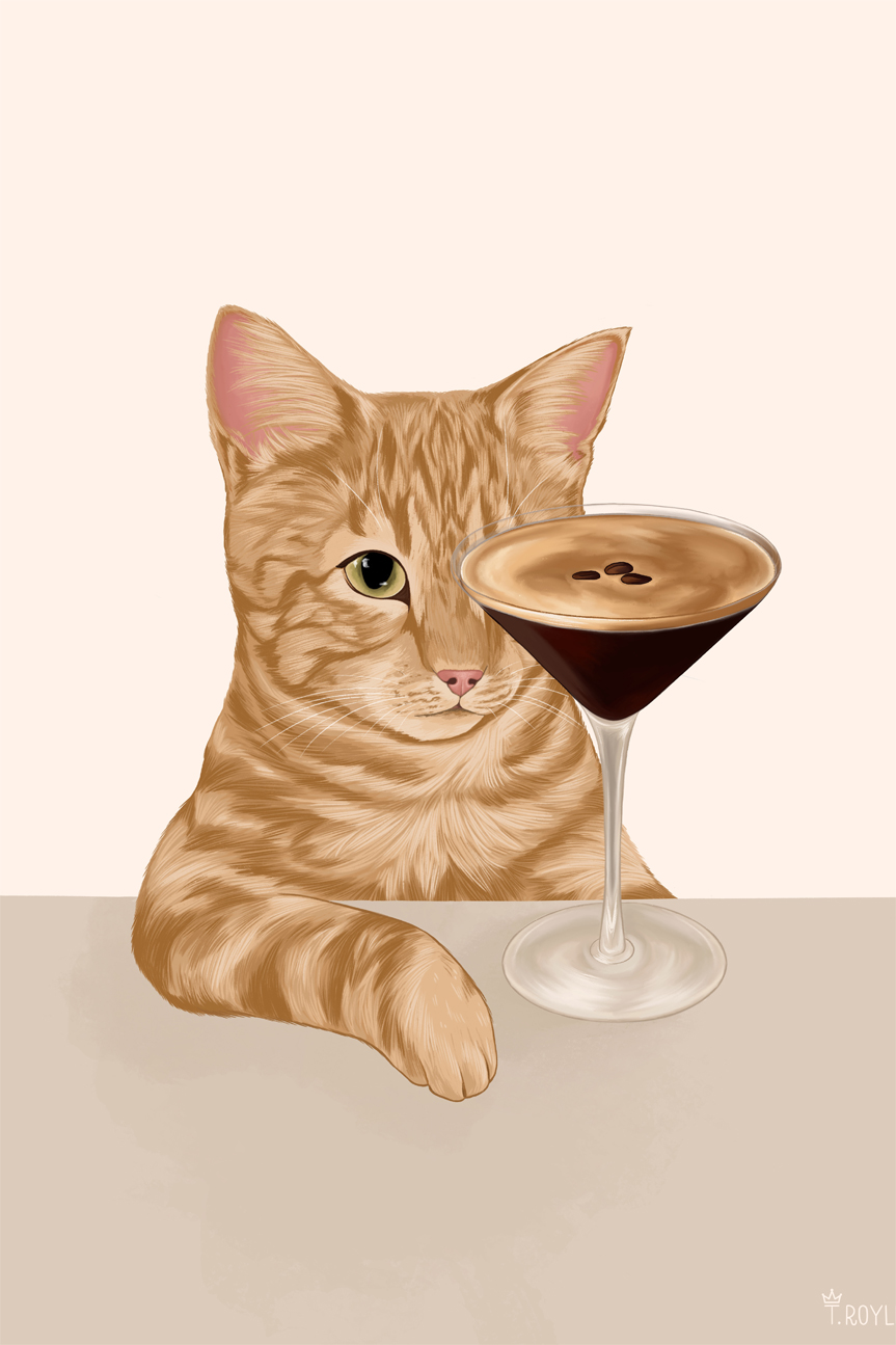 wall-art-print-canvas-poster-framed-Ginger Cat with Espresso Martini Cocktail-1