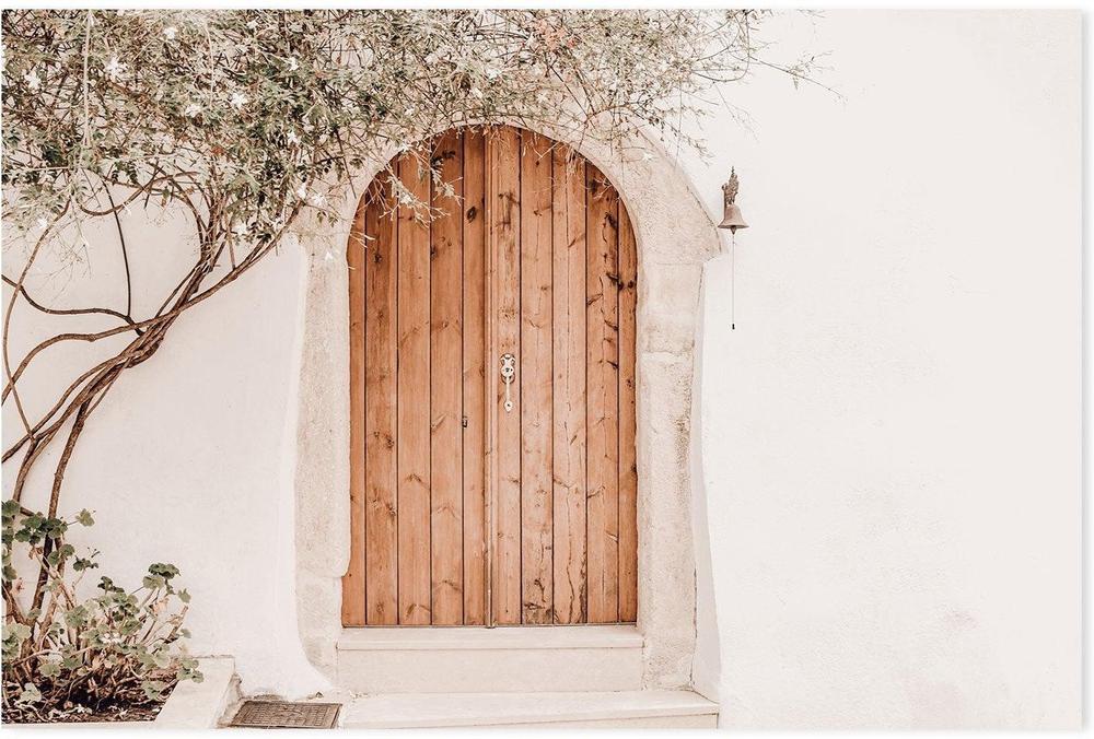 Greek house facade with brown door-Gioia-Prints-Framed-Canvas-Poster-GIOIA-WALL-ART