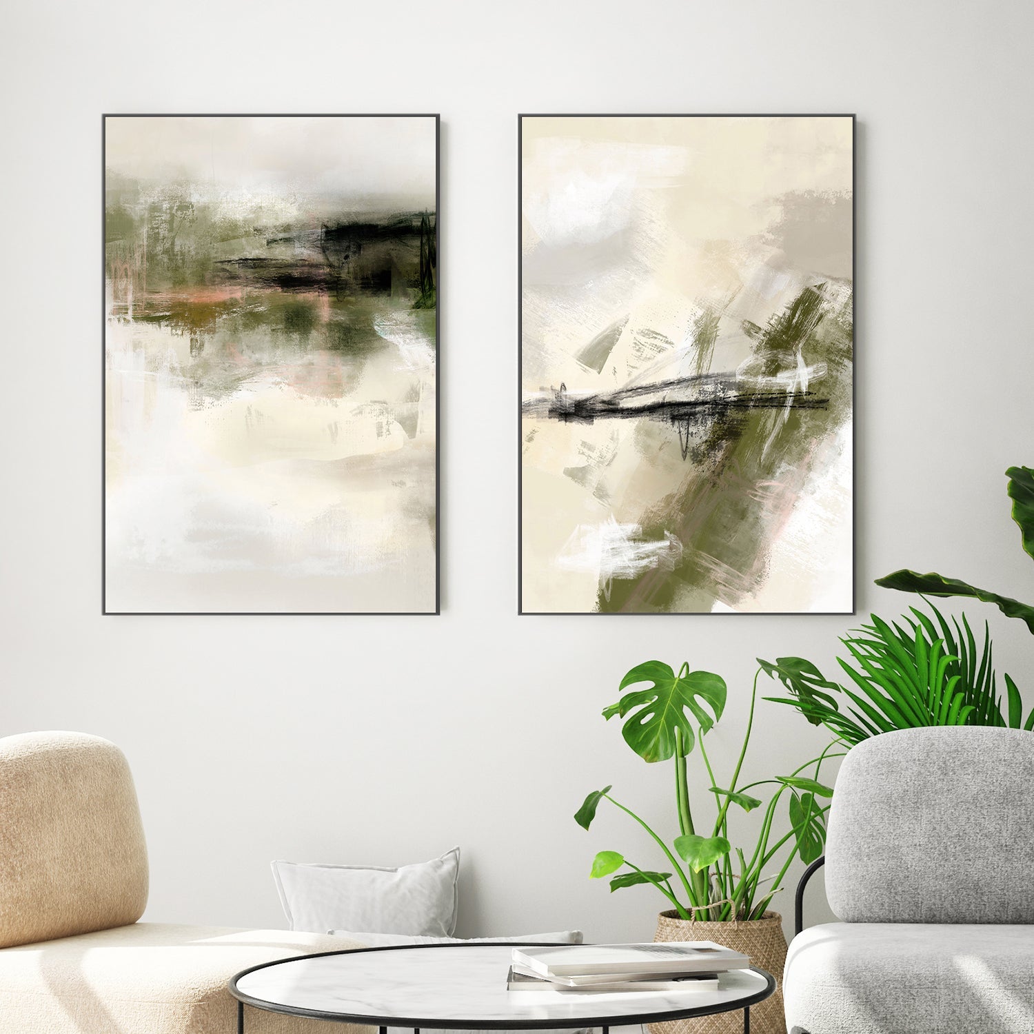 wall-art-print-canvas-poster-framed-Green And Beige, Style A & B, Set Of 2 , By Karine Tonial Grimm-2