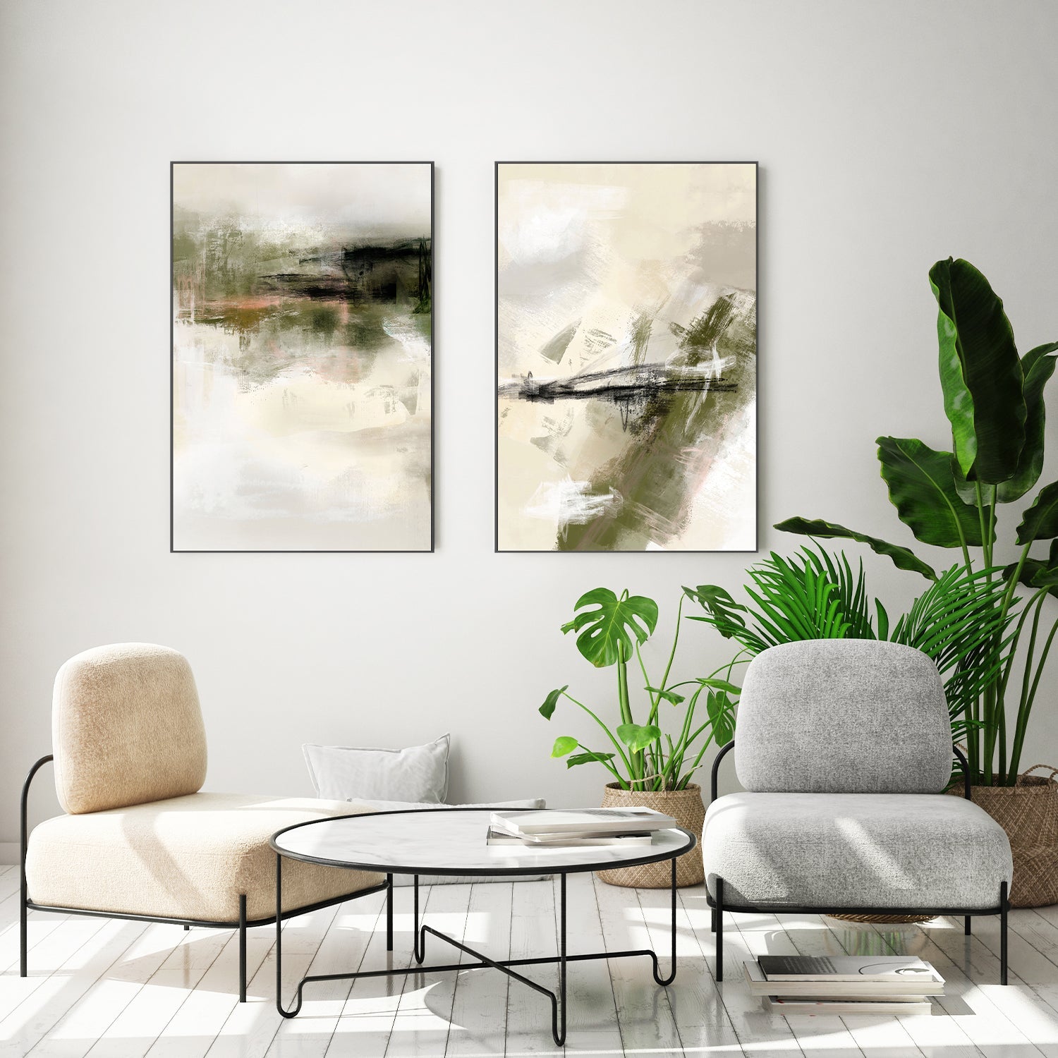 wall-art-print-canvas-poster-framed-Green And Beige, Style A & B, Set Of 2 , By Karine Tonial Grimm-7