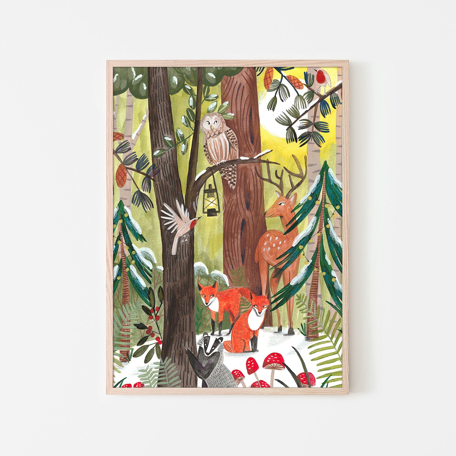 wall-art-print-canvas-poster-framed-Green Christmas forest with animals-6