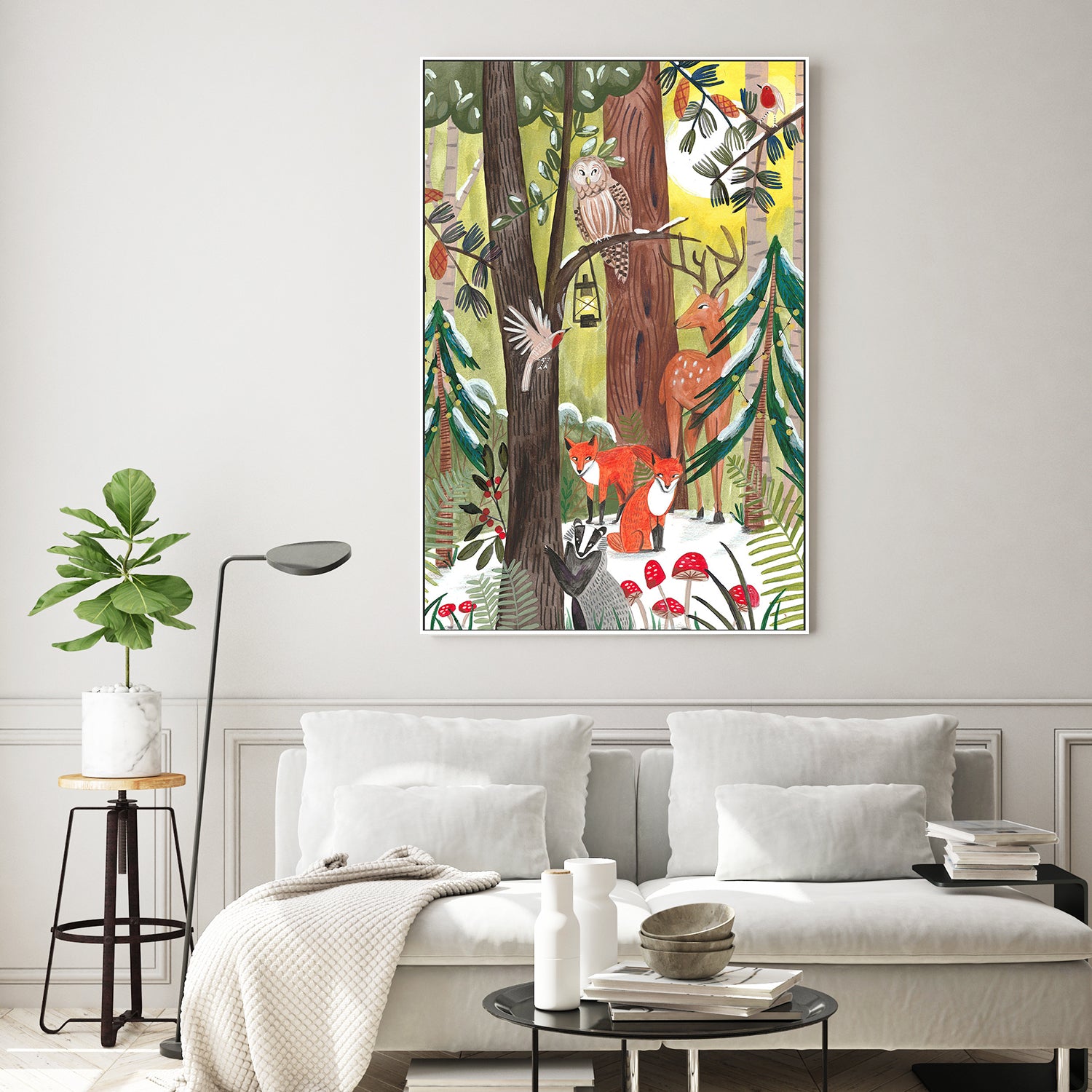 wall-art-print-canvas-poster-framed-Green Christmas forest with animals-8