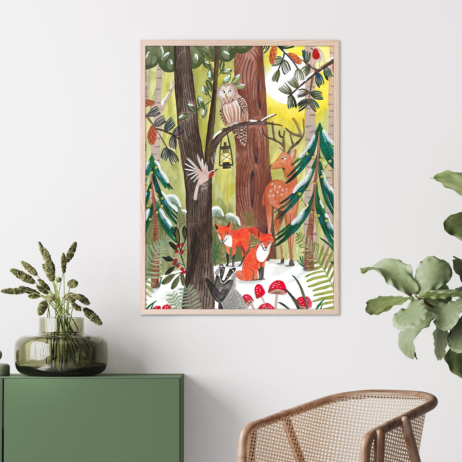 wall-art-print-canvas-poster-framed-Green Christmas forest with animals-9