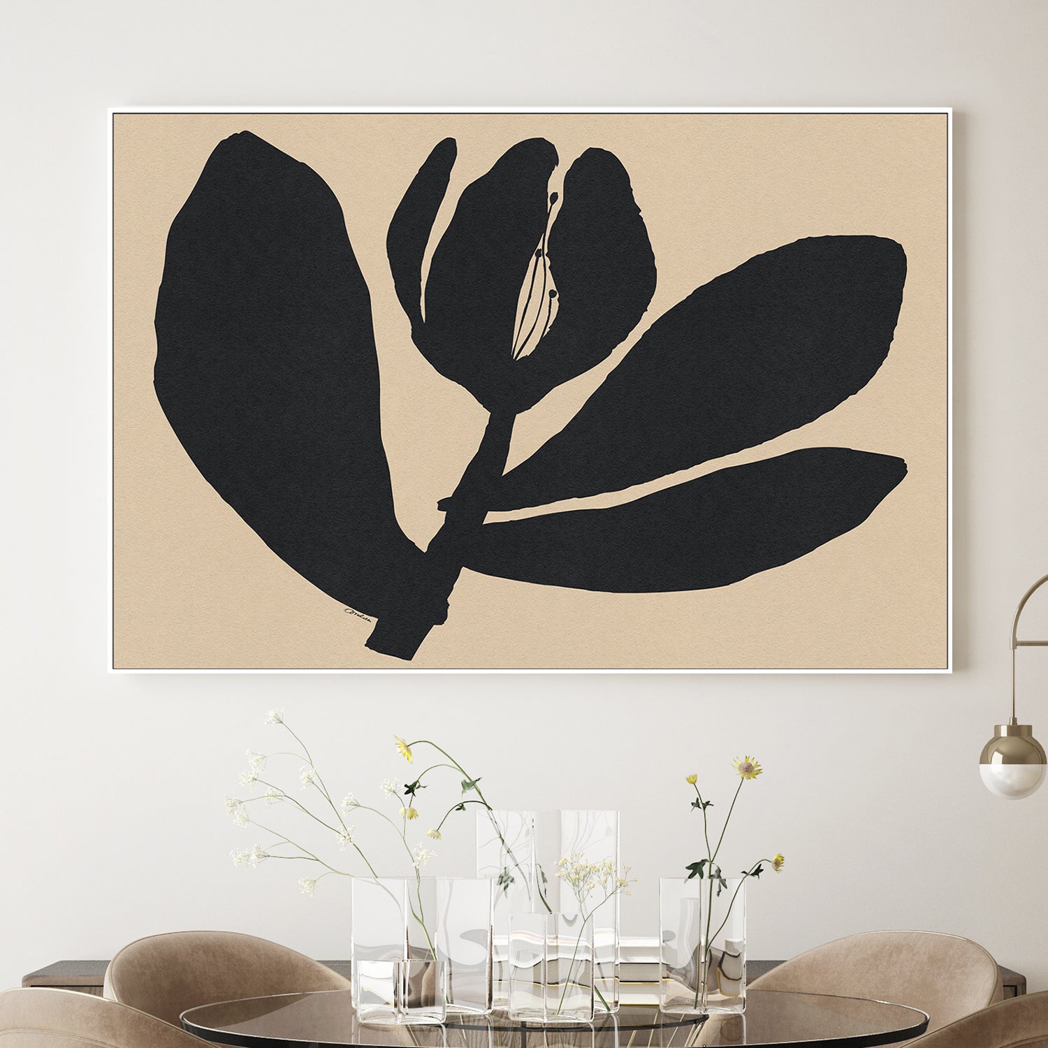 wall-art-print-canvas-poster-framed-Half Closed Black Flower On Beige-2