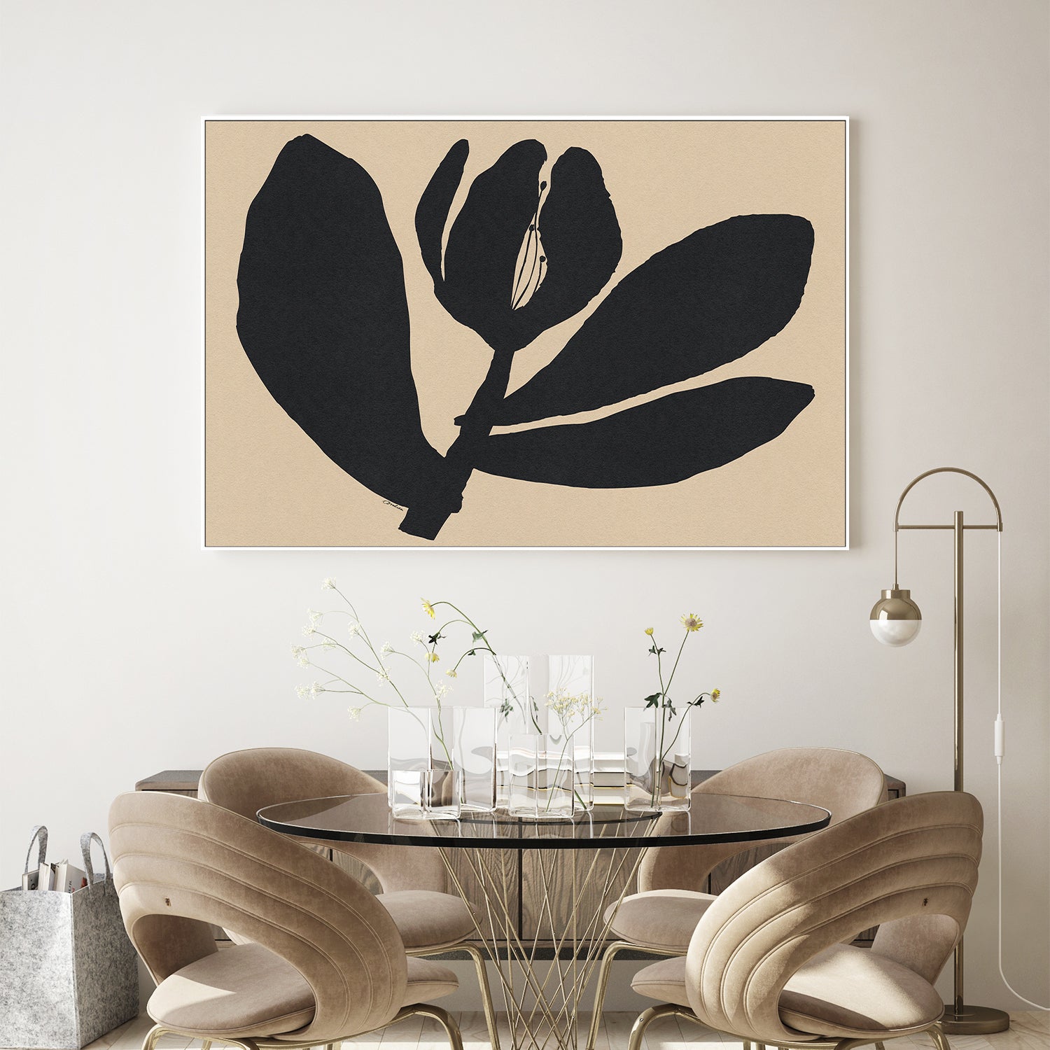 wall-art-print-canvas-poster-framed-Half Closed Black Flower On Beige-7