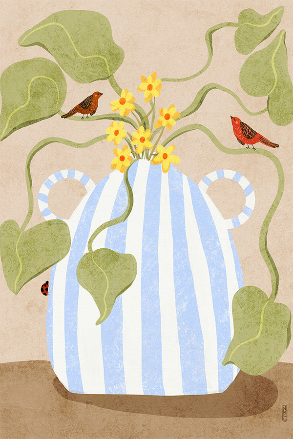 wall-art-print-canvas-poster-framed-Leaves In A Pot with Bird-1