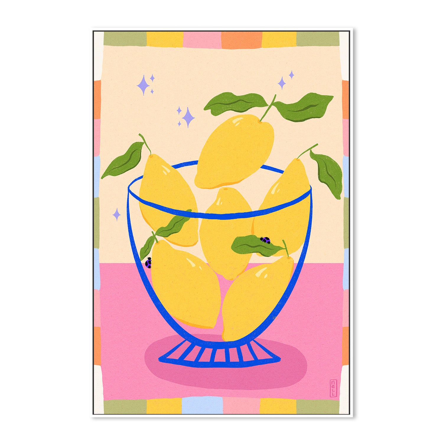 wall-art-print-canvas-poster-framed-Lemons in a Bowl Retro Illustration with Colorful Frame-5