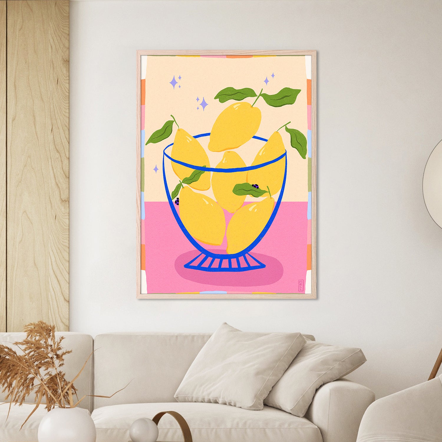 wall-art-print-canvas-poster-framed-Lemons in a Bowl Retro Illustration with Colorful Frame-7