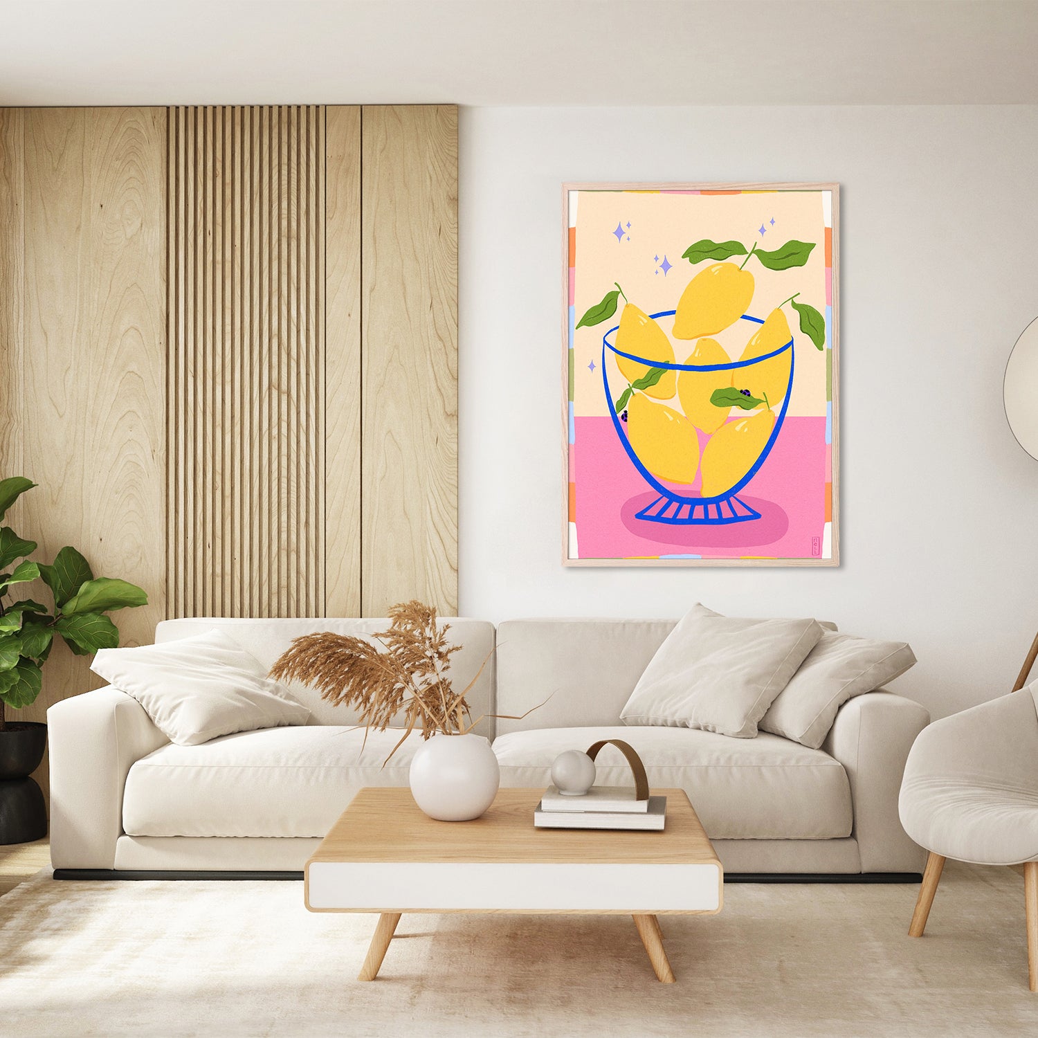 wall-art-print-canvas-poster-framed-Lemons in a Bowl Retro Illustration with Colorful Frame-8