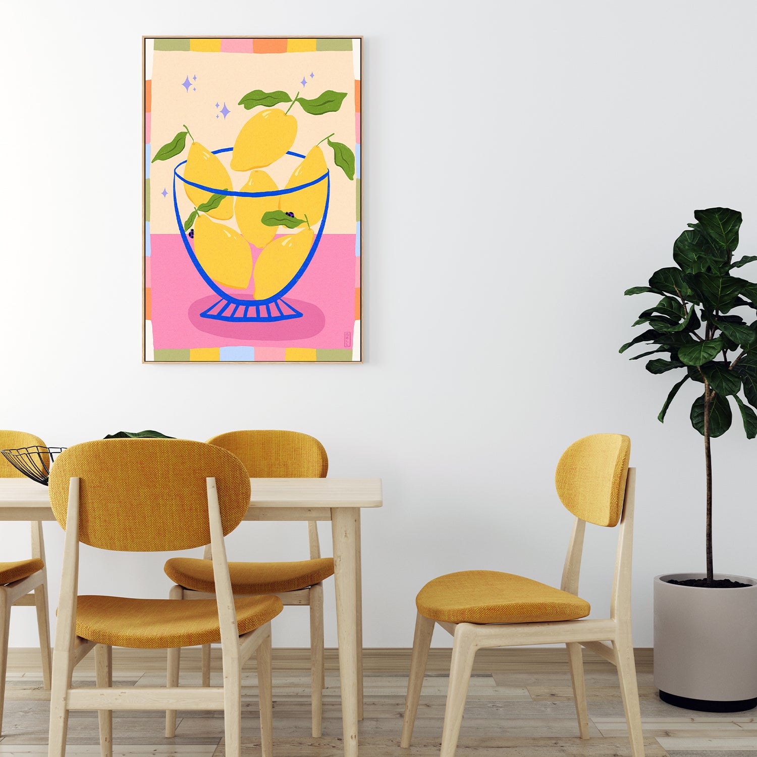 wall-art-print-canvas-poster-framed-Lemons in a Bowl Retro Illustration with Colorful Frame-9