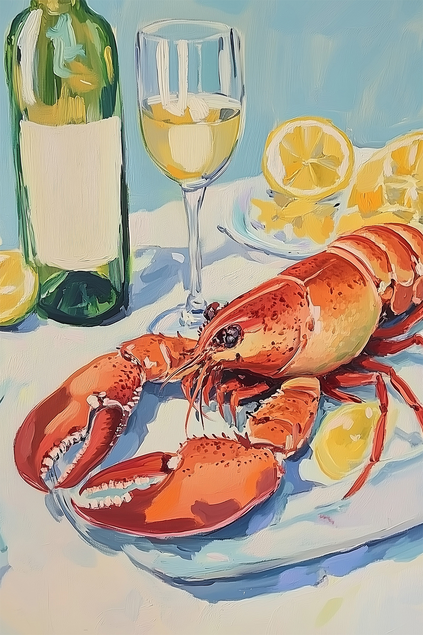 wall-art-print-canvas-poster-framed-Lobster and Wine Still Life , By Melloi Art Prints-1