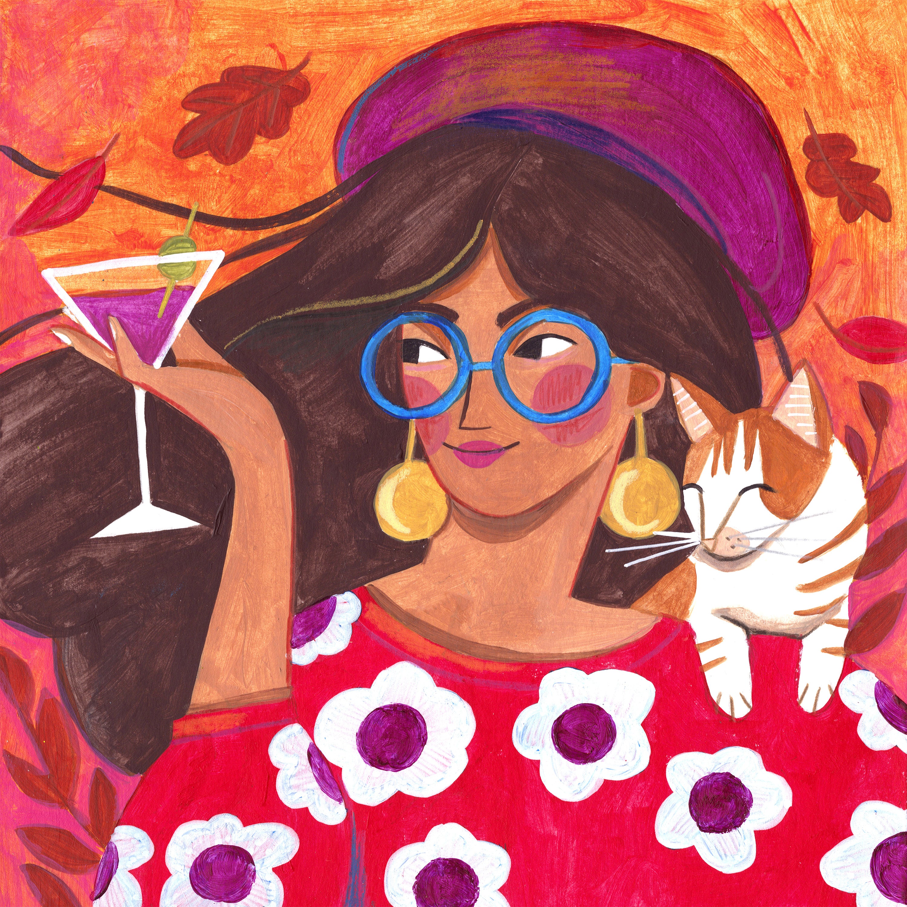 wall-art-print-canvas-poster-framed-Modern Autumn portrait Woman with Cat-1