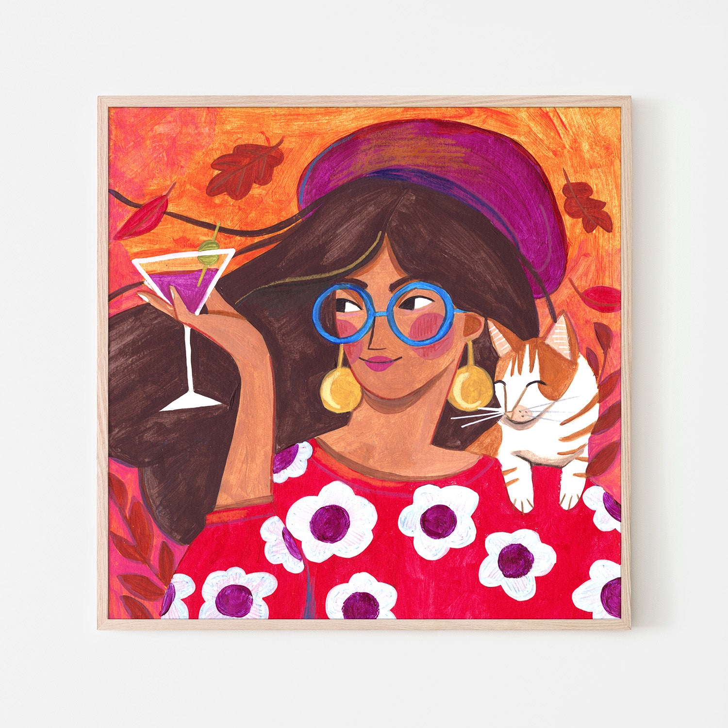 wall-art-print-canvas-poster-framed-Modern Autumn portrait Woman with Cat-6