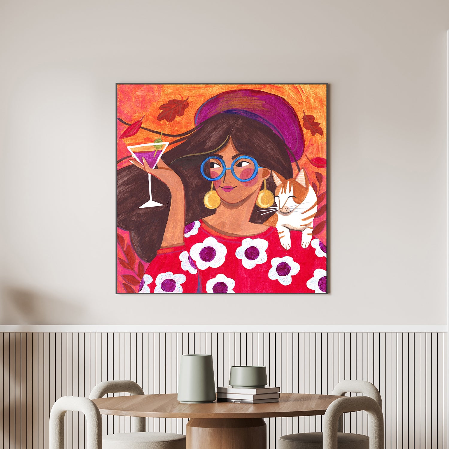 wall-art-print-canvas-poster-framed-Modern Autumn portrait Woman with Cat-7