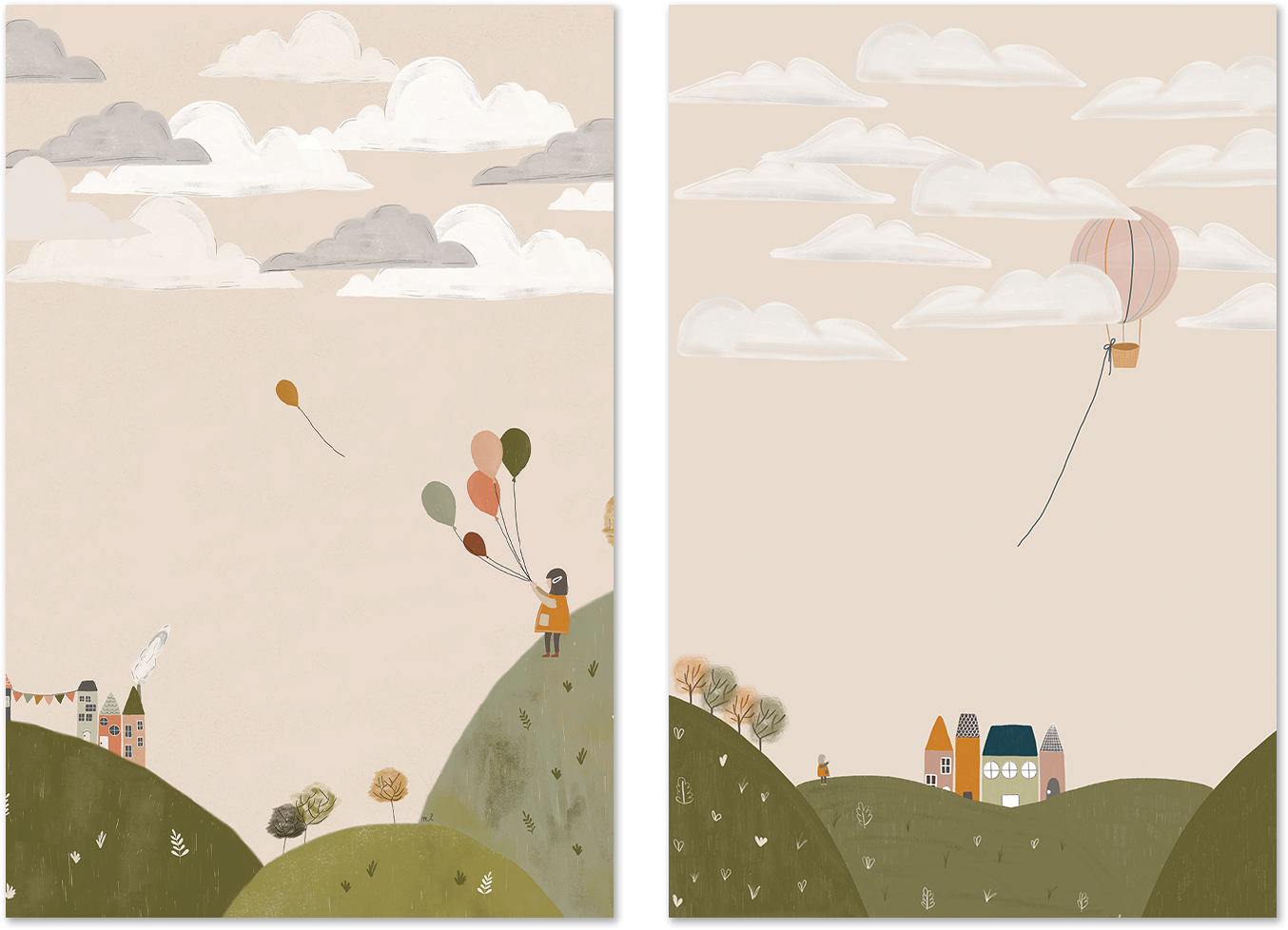 wall-art-print-canvas-poster-framed-Mountains Walk and Pink Hot Air Balloon, Set Of 2 , By Menina Lisboa-1