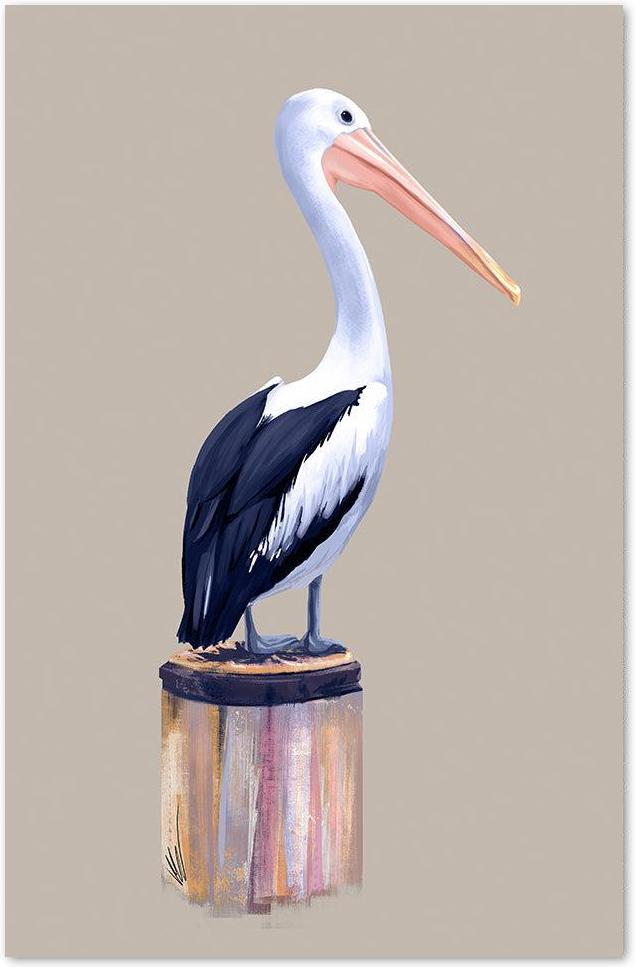 wall-art-print-canvas-poster-framed-Navy And Pink Pelican On Beige Background-by-Reeve King Art-Gioia Wall Art