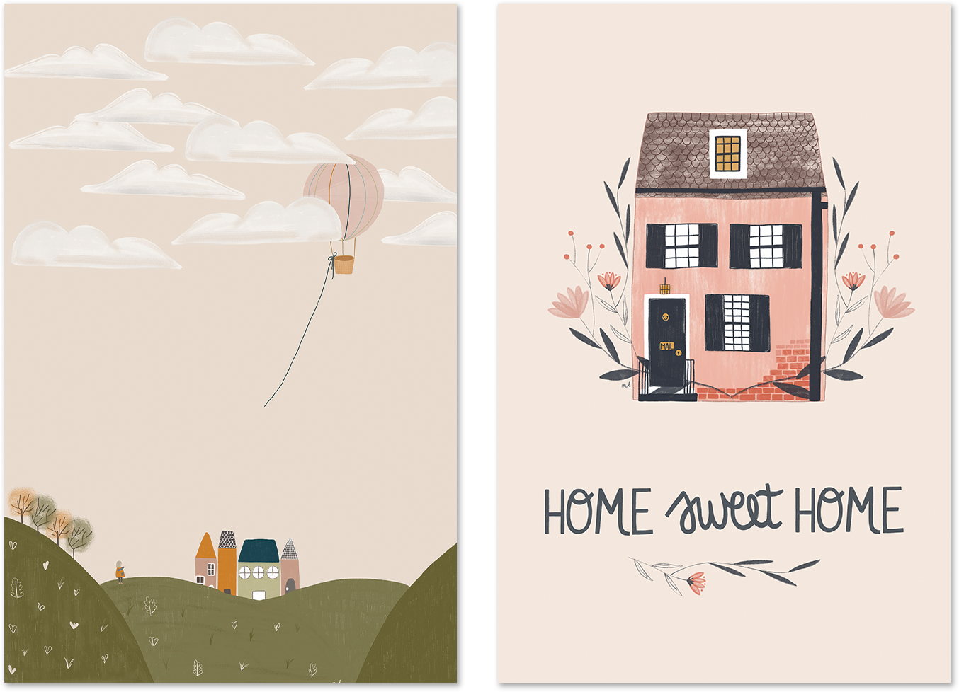 wall-art-print-canvas-poster-framed-Pink Hot Air Balloon and Home Sweet Home, Set Of 2 , By Menina Lisboa-1