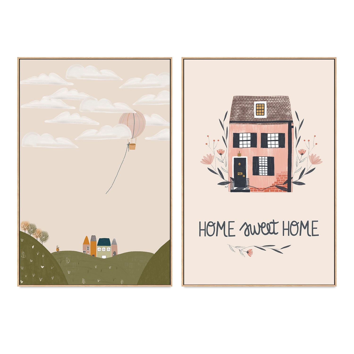 wall-art-print-canvas-poster-framed-Pink Hot Air Balloon and Home Sweet Home, Set Of 2 , By Menina Lisboa-3