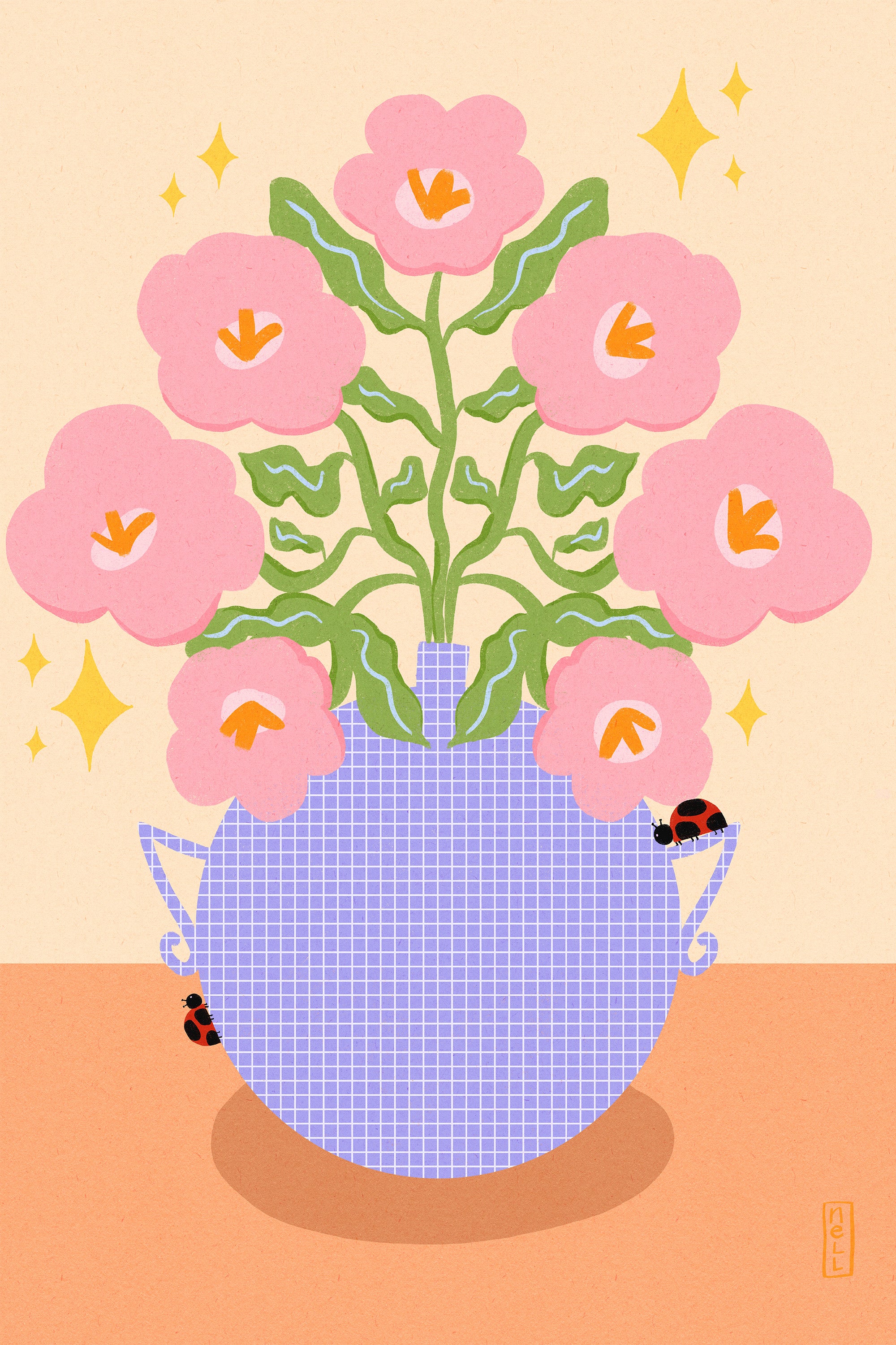 wall-art-print-canvas-poster-framed-Pink Retro Flowers in a Vase Illustration-1