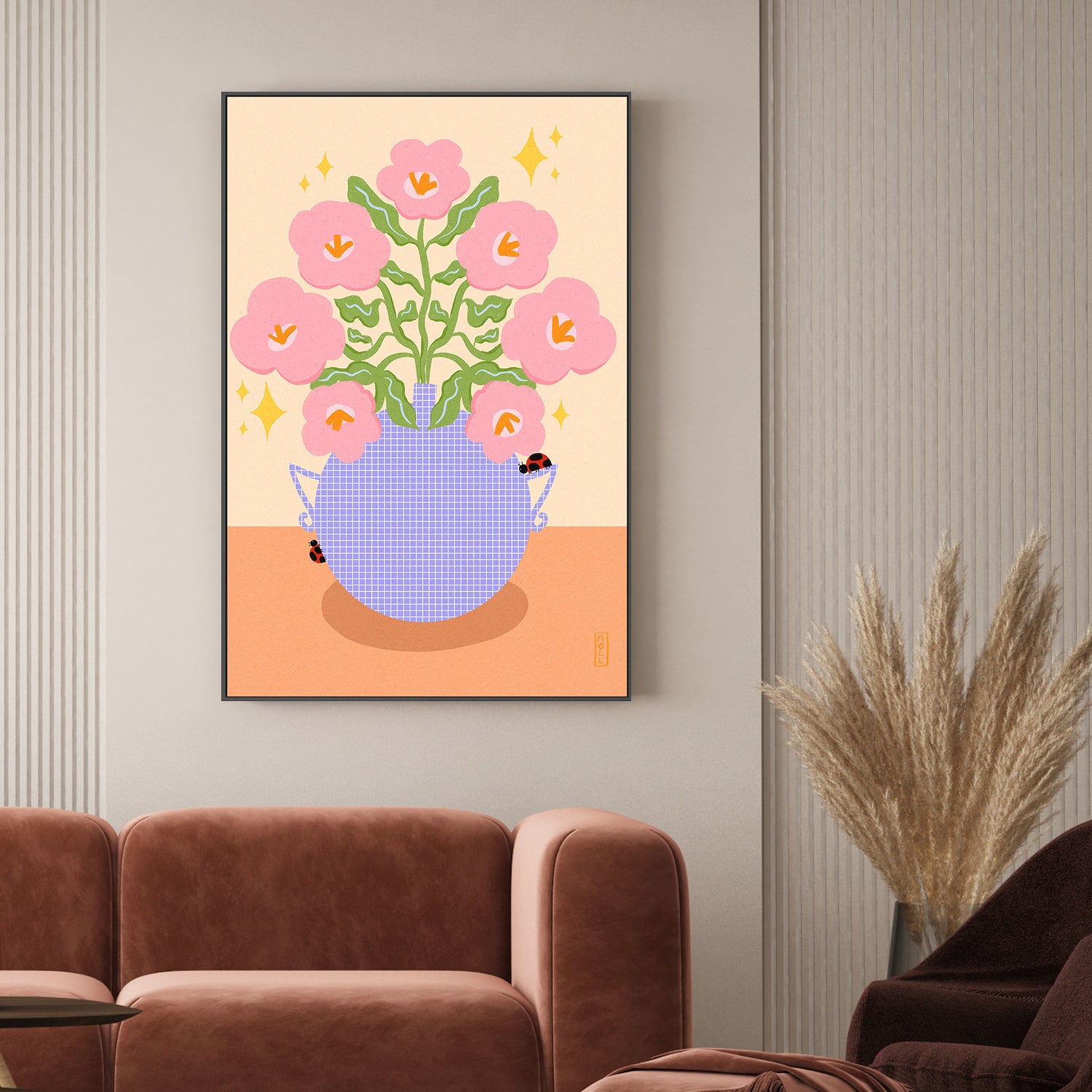wall-art-print-canvas-poster-framed-Pink Retro Flowers in a Vase Illustration-2