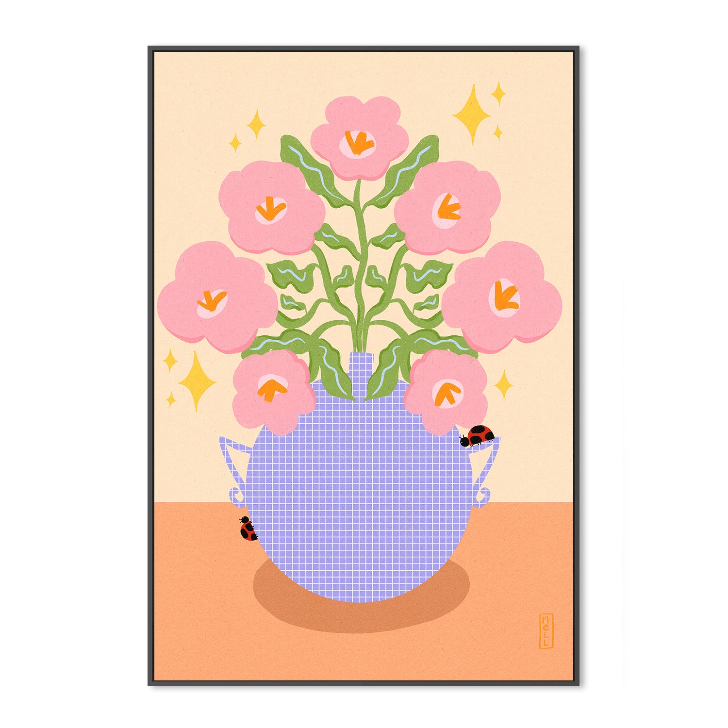 wall-art-print-canvas-poster-framed-Pink Retro Flowers in a Vase Illustration-3