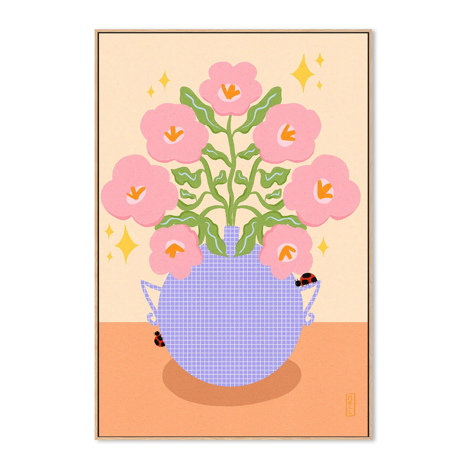 wall-art-print-canvas-poster-framed-Pink Retro Flowers in a Vase Illustration-4