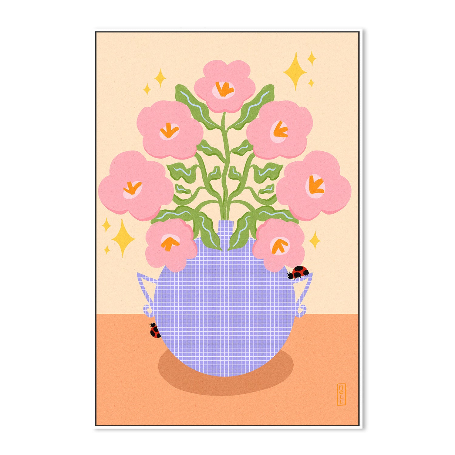 wall-art-print-canvas-poster-framed-Pink Retro Flowers in a Vase Illustration-5