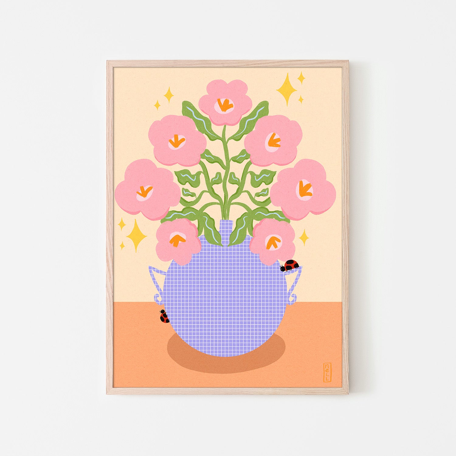 wall-art-print-canvas-poster-framed-Pink Retro Flowers in a Vase Illustration-6