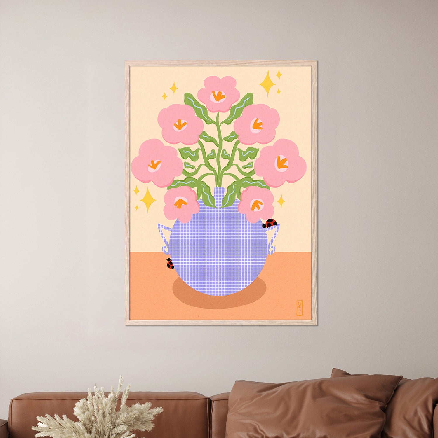 wall-art-print-canvas-poster-framed-Pink Retro Flowers in a Vase Illustration-7