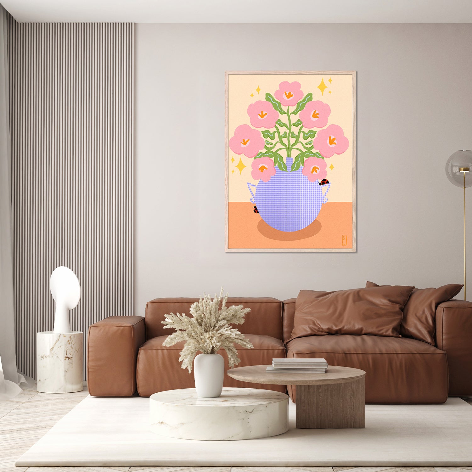 wall-art-print-canvas-poster-framed-Pink Retro Flowers in a Vase Illustration-8