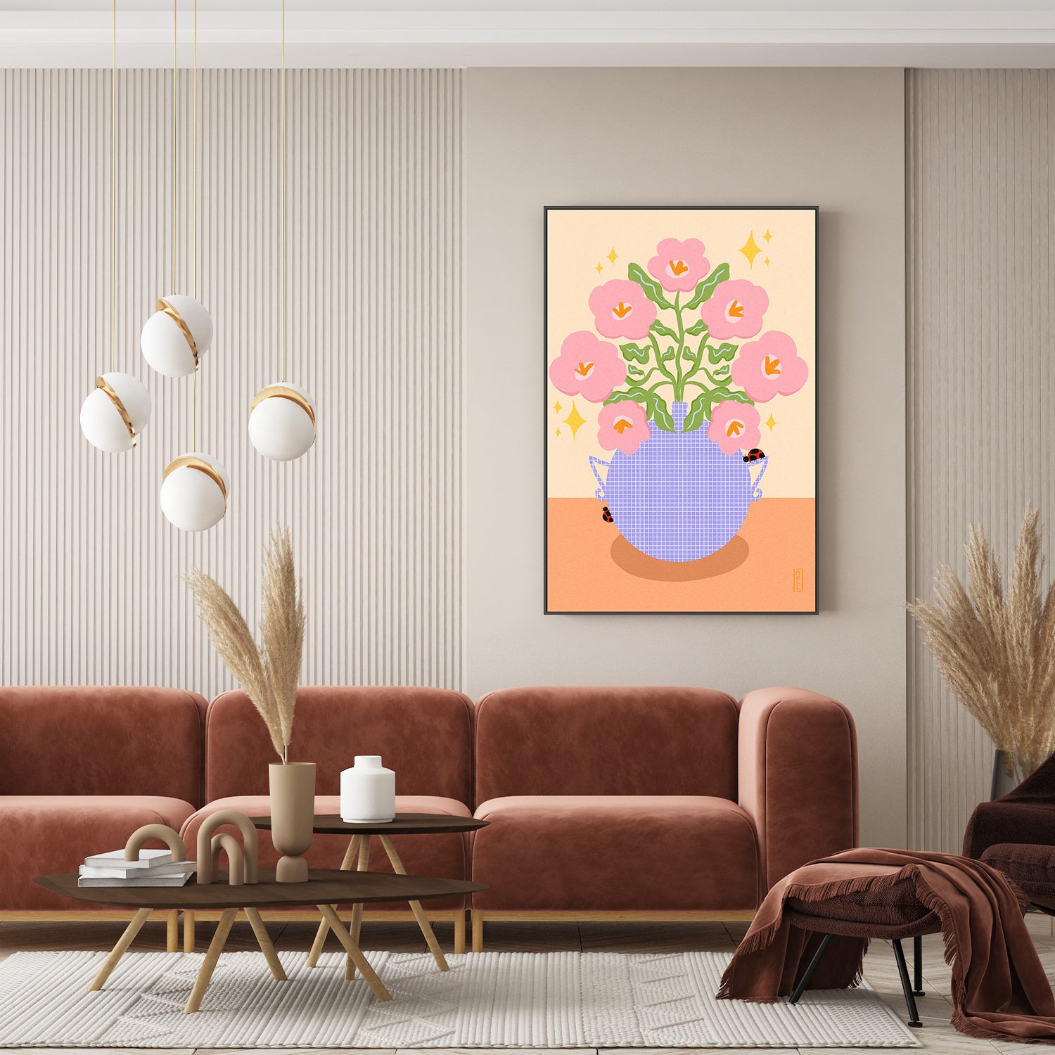wall-art-print-canvas-poster-framed-Pink Retro Flowers in a Vase Illustration-9