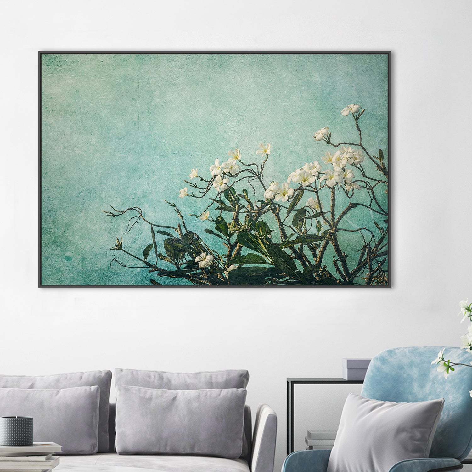 wall-art-print-canvas-poster-framed-Plumeria Flowers on an Aqua Textured Background, Augmentation , By Andrew Paranavitana-3