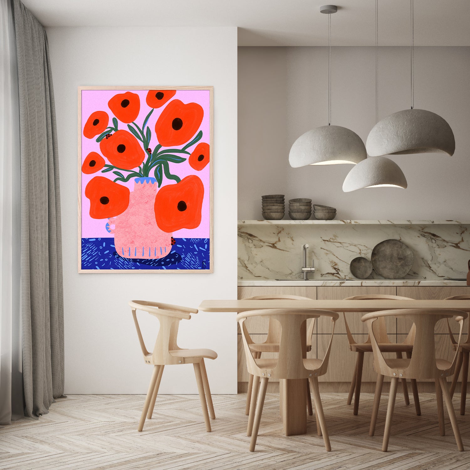 wall-art-print-canvas-poster-framed-Red Poppies and Ladybirds Floral Illustration-7