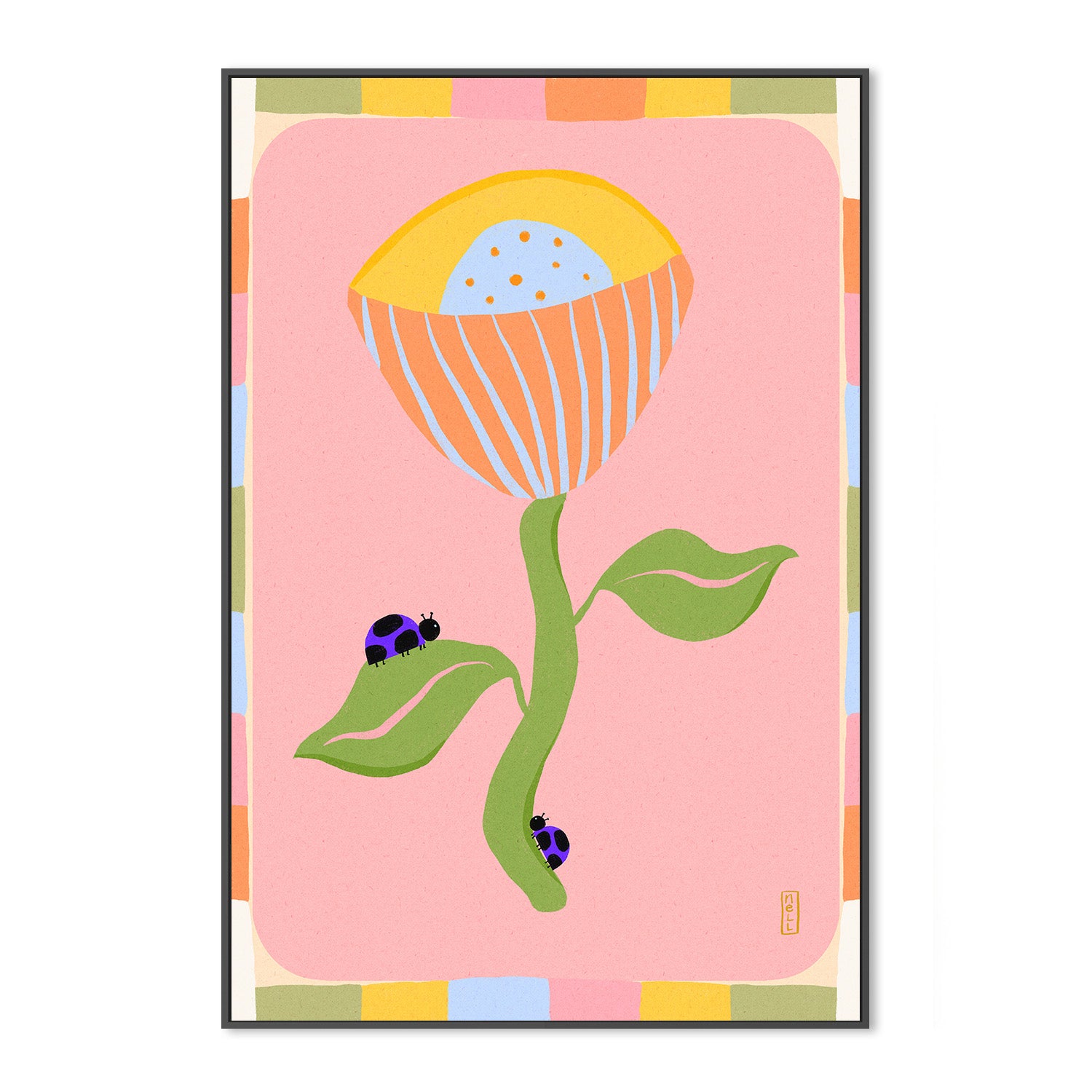 wall-art-print-canvas-poster-framed-Retro Bell Flower and Ladybirds-3