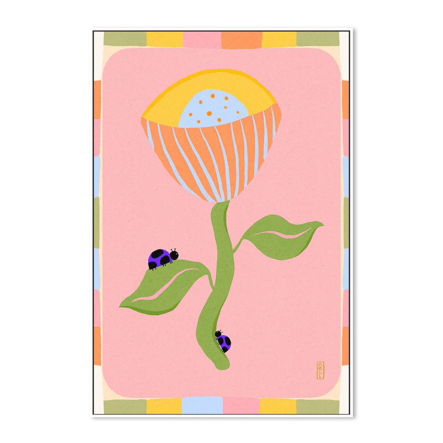 wall-art-print-canvas-poster-framed-Retro Bell Flower and Ladybirds-5