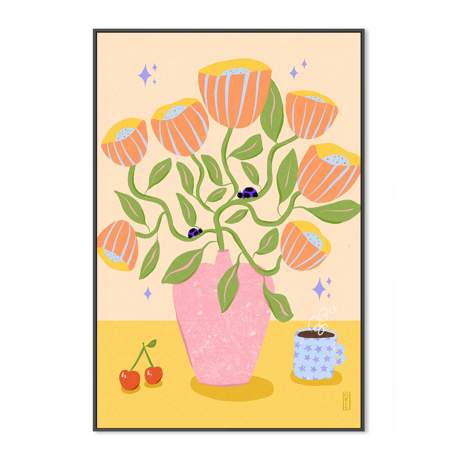wall-art-print-canvas-poster-framed-Retro Bell Flowers in a Vase Illustration-3