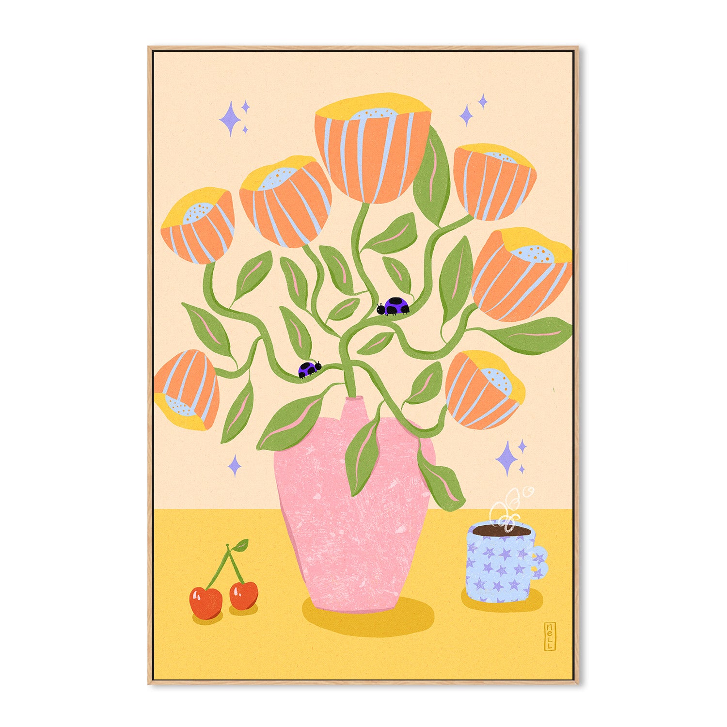 wall-art-print-canvas-poster-framed-Retro Bell Flowers in a Vase Illustration-4