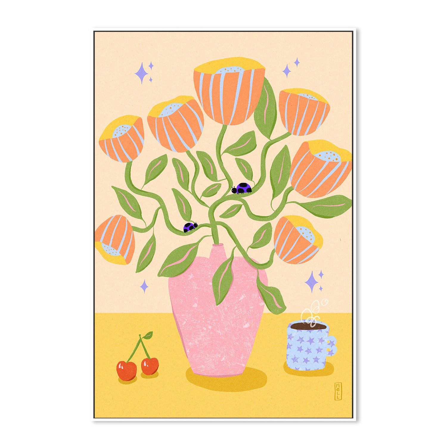 wall-art-print-canvas-poster-framed-Retro Bell Flowers in a Vase Illustration-5