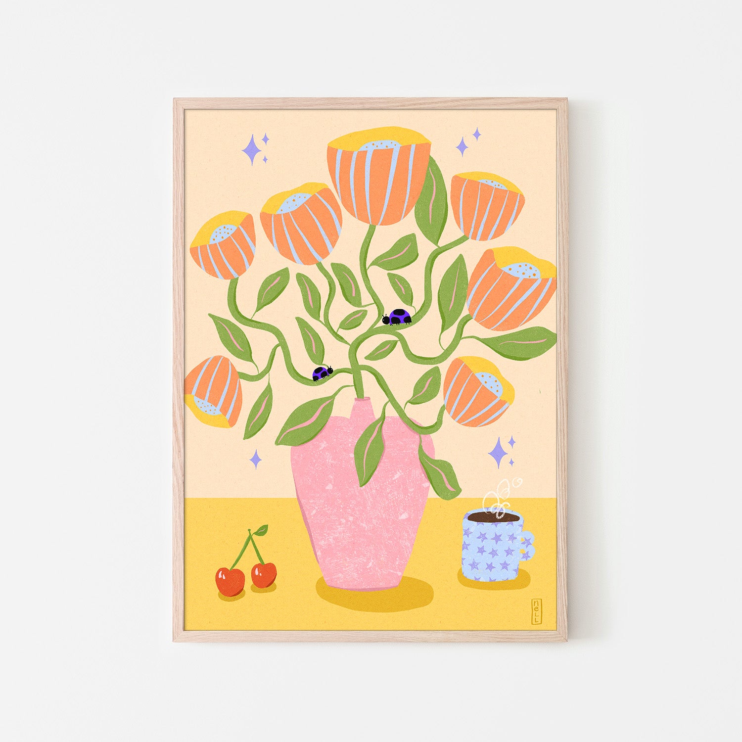 wall-art-print-canvas-poster-framed-Retro Bell Flowers in a Vase Illustration-6