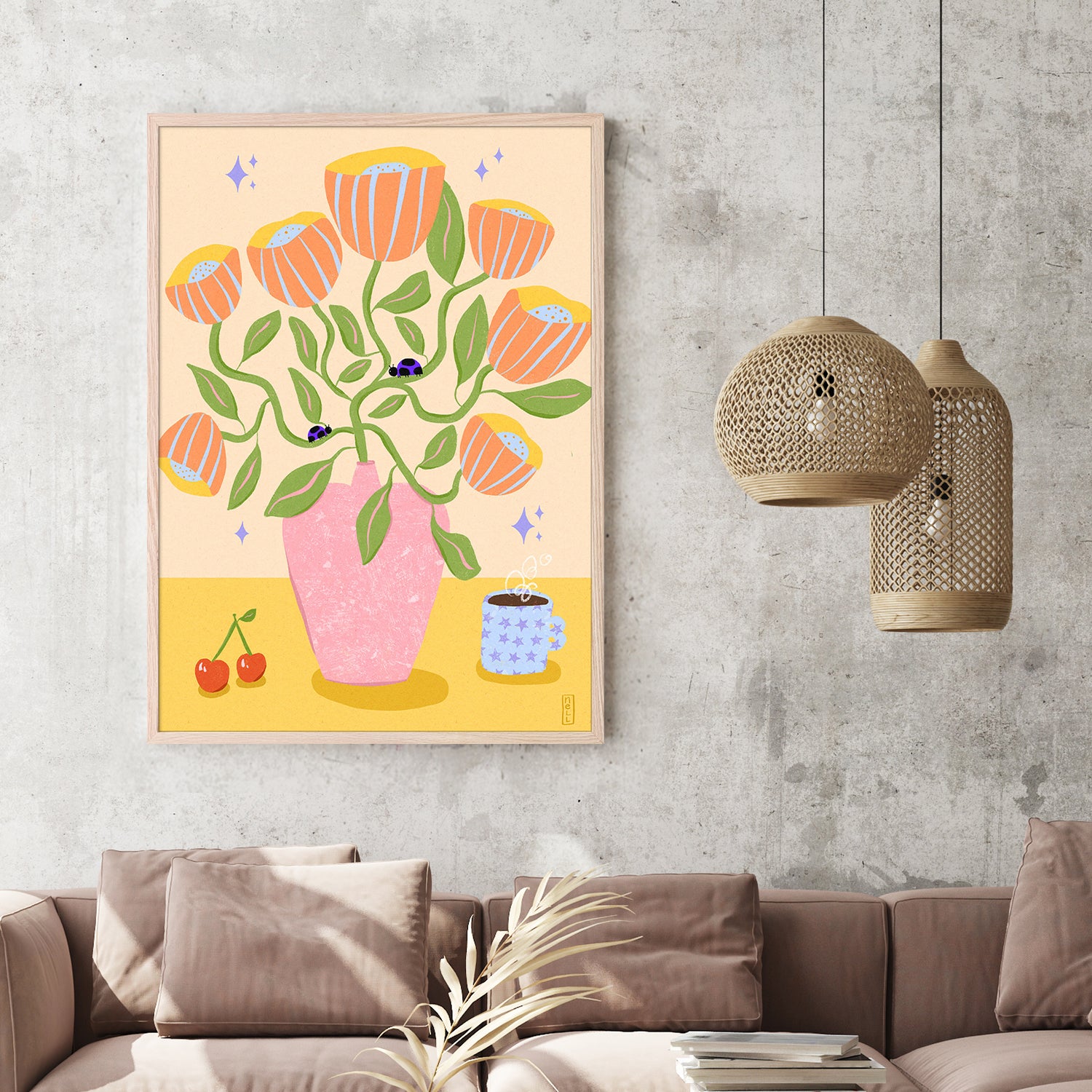 wall-art-print-canvas-poster-framed-Retro Bell Flowers in a Vase Illustration-7