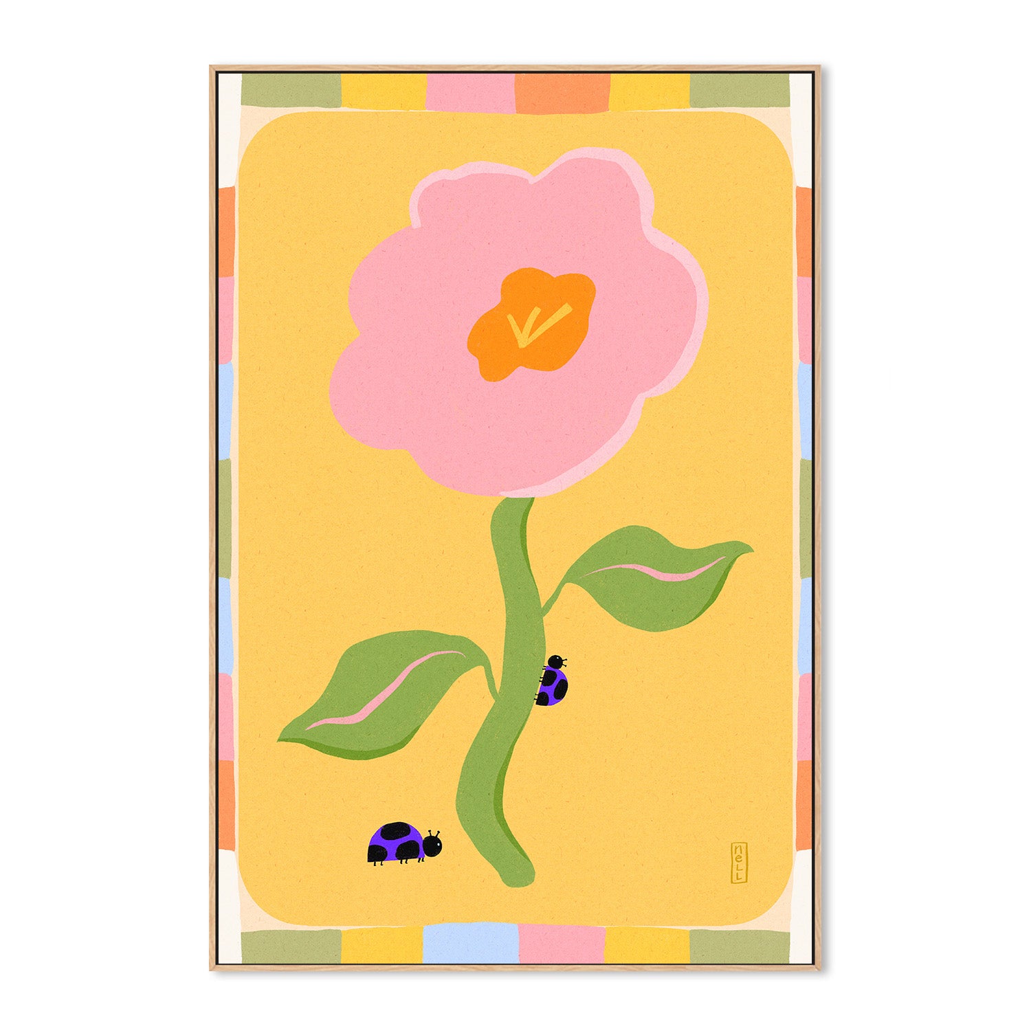 wall-art-print-canvas-poster-framed-Retro Floral Daisy with Ladybirds-4