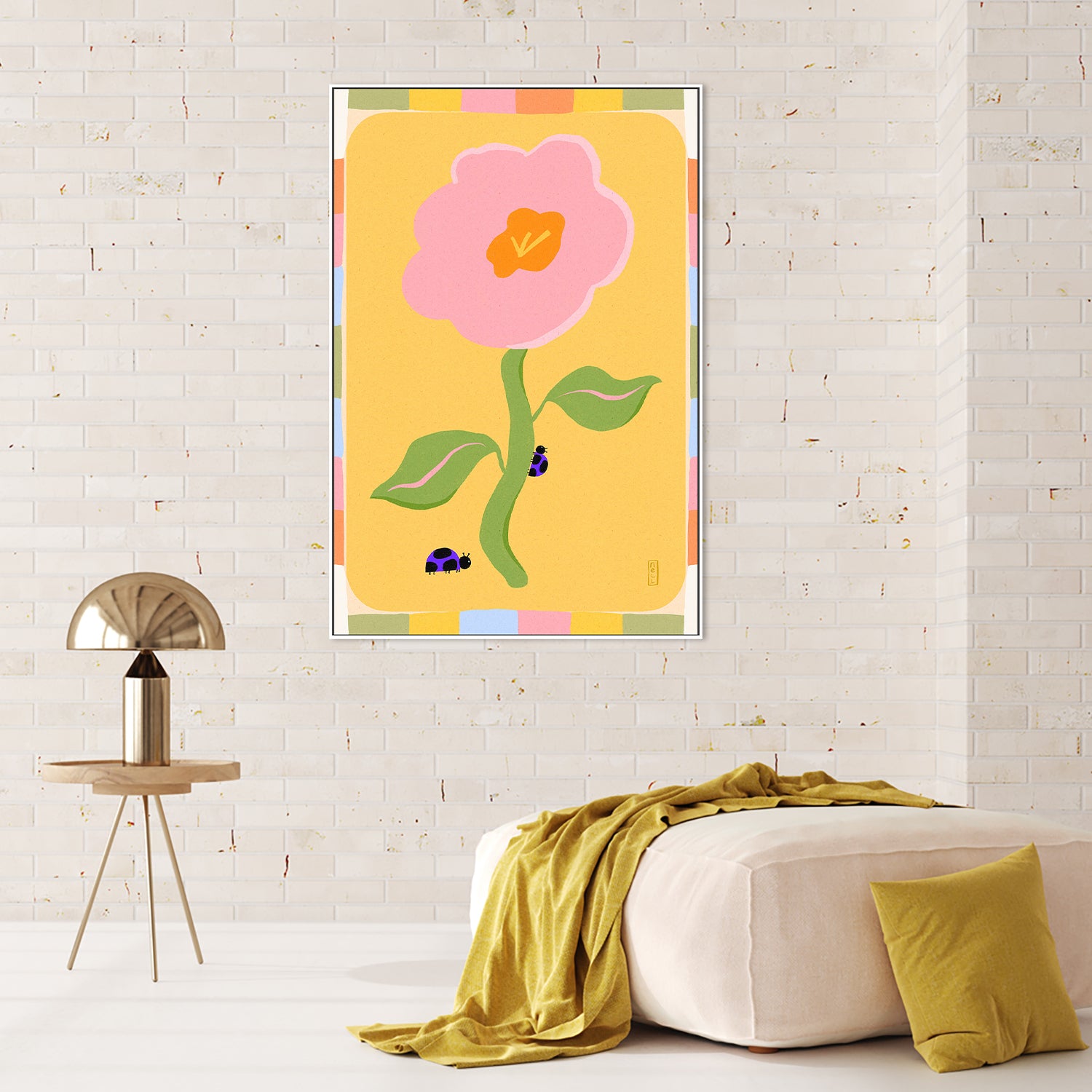 wall-art-print-canvas-poster-framed-Retro Floral Daisy with Ladybirds-9